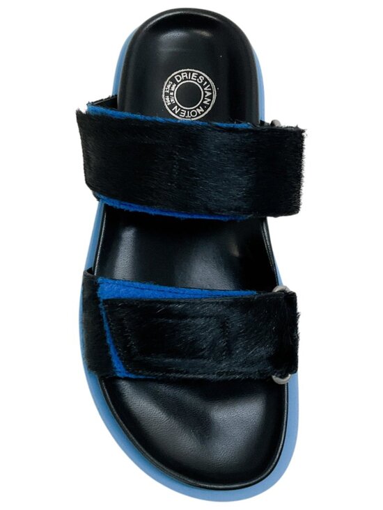 Buckle Sandal – La Garçonne Dries van Noten Black / Blue Calf Hair Velcro Strap Sandals